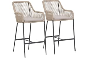 JOIVI Bar Stools Set of 2, Patio Outdoor Rattan Bar Height Chairs with Cushions, Armrest and Footrest for Indoor, Garden, Poolside, Lawn, Backyard