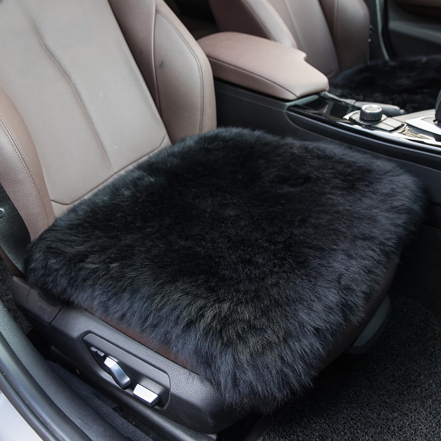 Sisha-A Winter Warmth: Universal Sheepskin Seat Cushion Cover - Natural Wool, for Cars, Trucks, SUVs & Vans - Cozy & Stylish Driving Companion Front Black