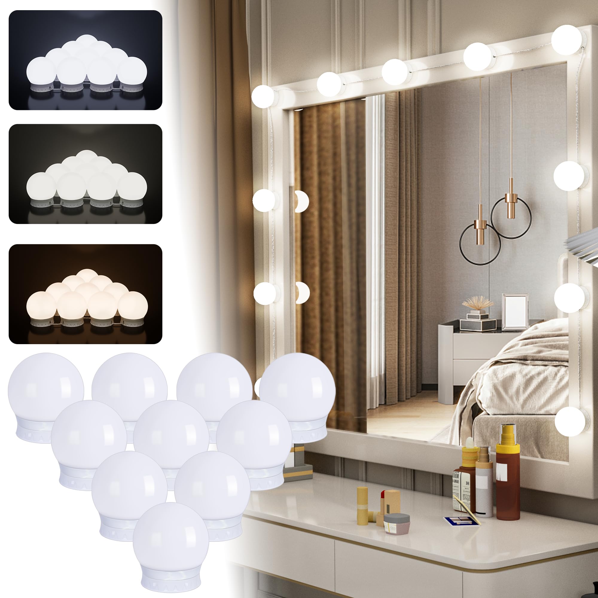Unisun Vanity Lights for Mirror with USB Cable - 10 Bulb Dimmable Stick On Mirror Lights, 3 Color Changing & 10 Brightness Levels for Dressing Table (Mirror Not Include)