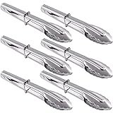 HINMAY Mini Stainless Steel Food Tongs with Silding Rings 7-Inch - Set of 6 - Small Clam Shell Service Tongs for Serving Appe