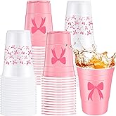 Jingmore 30 Pcs Bow Plastic Cups 16 oz Coquette Birthday Cup in 2 Style Coquette Bow Party Decoration Supplies for Birthday Wedding Baby Shower Bridal Engagement(Pink)