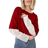 TBETNE Women's Long Sleeve Sweater Crewneck Lace Patchwork Pullover Casual Lightweight Ribbed Knit Tops