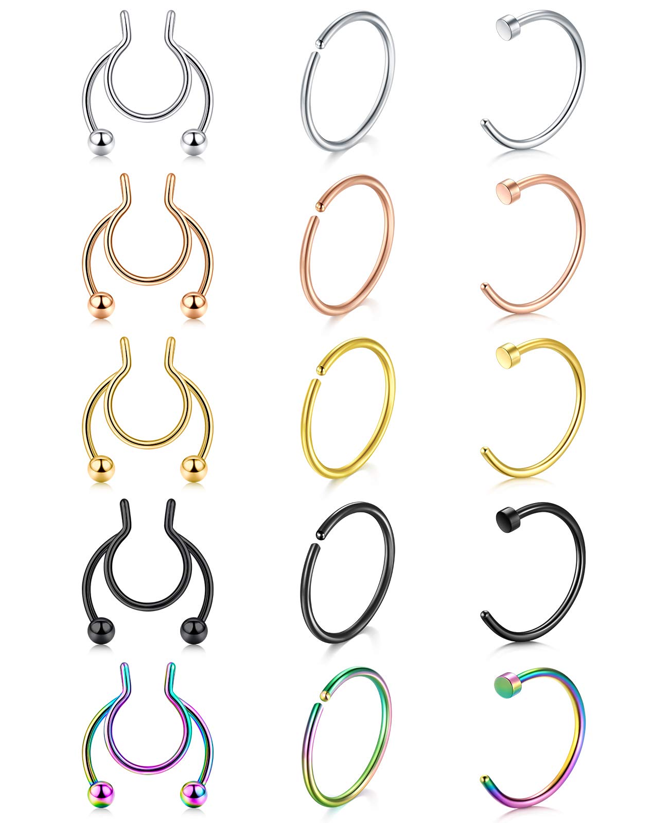 AceFun false septum ring Nose Septum Ring 15pcs Helix Horseshoe Hoop Ring Tragus Cartilage Earrings Body Piercing Jewelry
