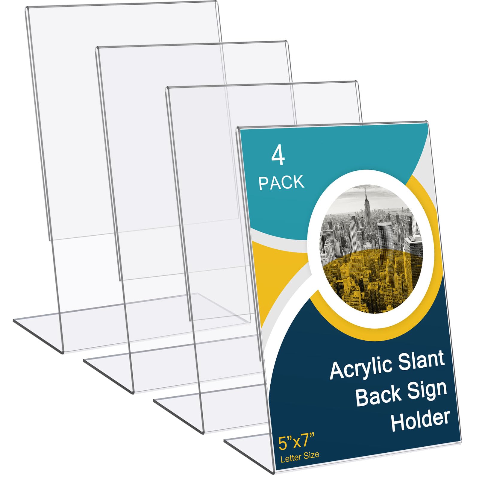 Photo 1 of Sanwuta 4 Pack Acrylic Sign Holder 5 x 7 Inches, Slant Sign Display Stand, Transparent Flyer Holder Frame Plastic Document Display for Workers Teachers Office Home Menu Desktop