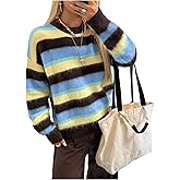 MakeMeChic Women's Striped Fuzzy Sweater Crew Neck Long Sleeve Knitted Pullover Tops