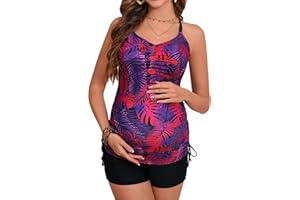 Maacie Maternity Athletic Tankini Swimsuits Two Piece Floral Print Ruched Tops with Shorts