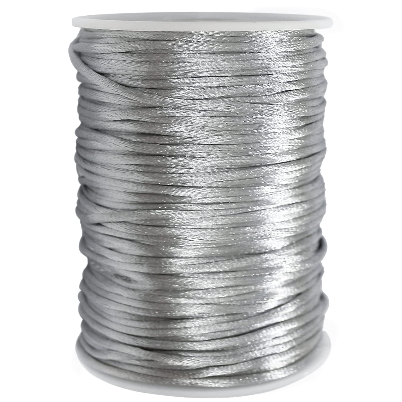 FQTANJU 2mm x 100 Yards Premium Quality Rattail Nylon Satin Cord Roll, Kumihimo Rattail,Chinese Knot, Silver