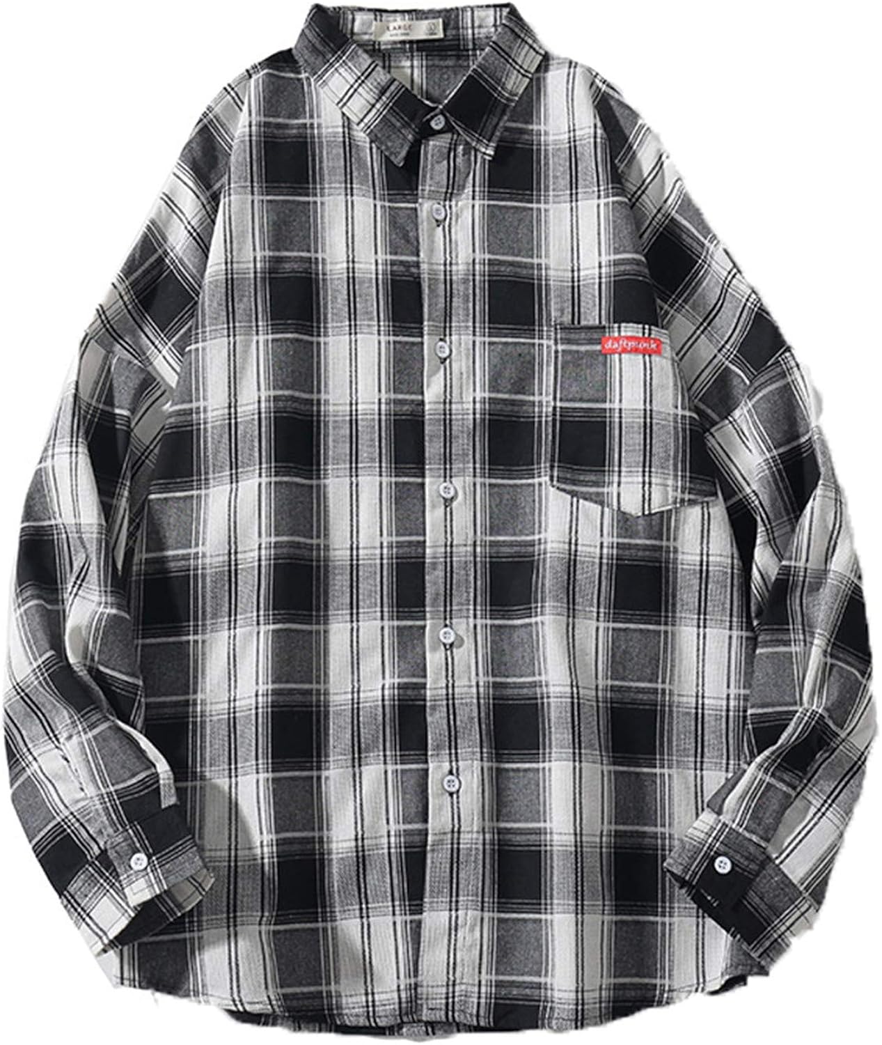 Men's Casual Plaid Shirt Spring Autumn Black White Long Sleeve Clothing