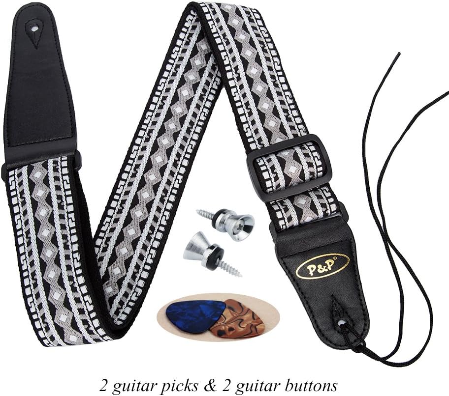 Guitar Strap，Phorcs Retro Guitar Strap Jacquard Weave Guitar Strap with Leather Ends - Soft Adjustable Guitar Strap for Electric Guitar Acoustic Bass, Includes 2 Picks - Best Gift for Guitarist