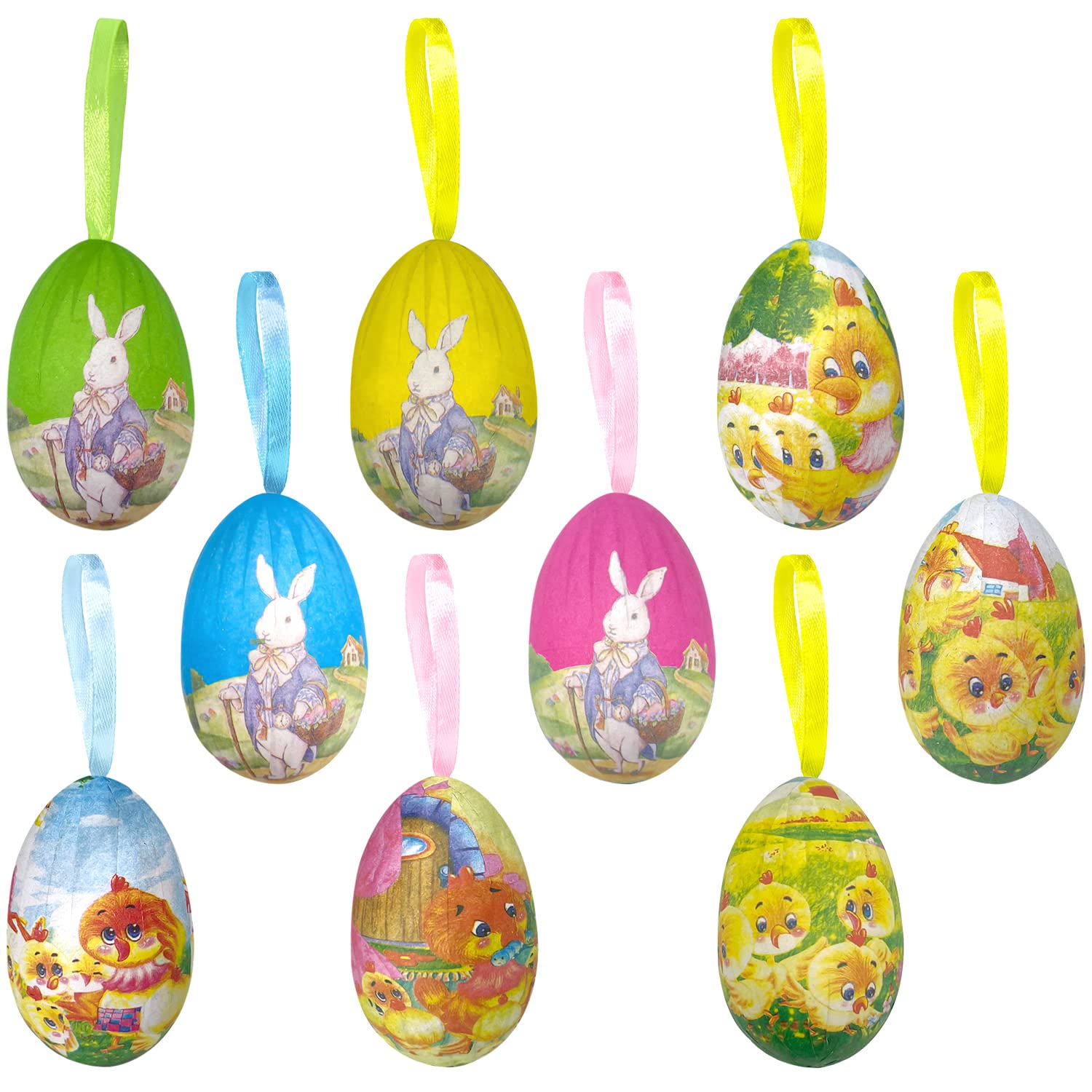 Aviski 24Pcs Easter Hanging Eggs, Multicolored Foam Egg Hanging Tree Ornaments, Decorative Painted Eggs DIY Crafts Ornaments with Various Style, Bunny Chick Patterns for Decoration