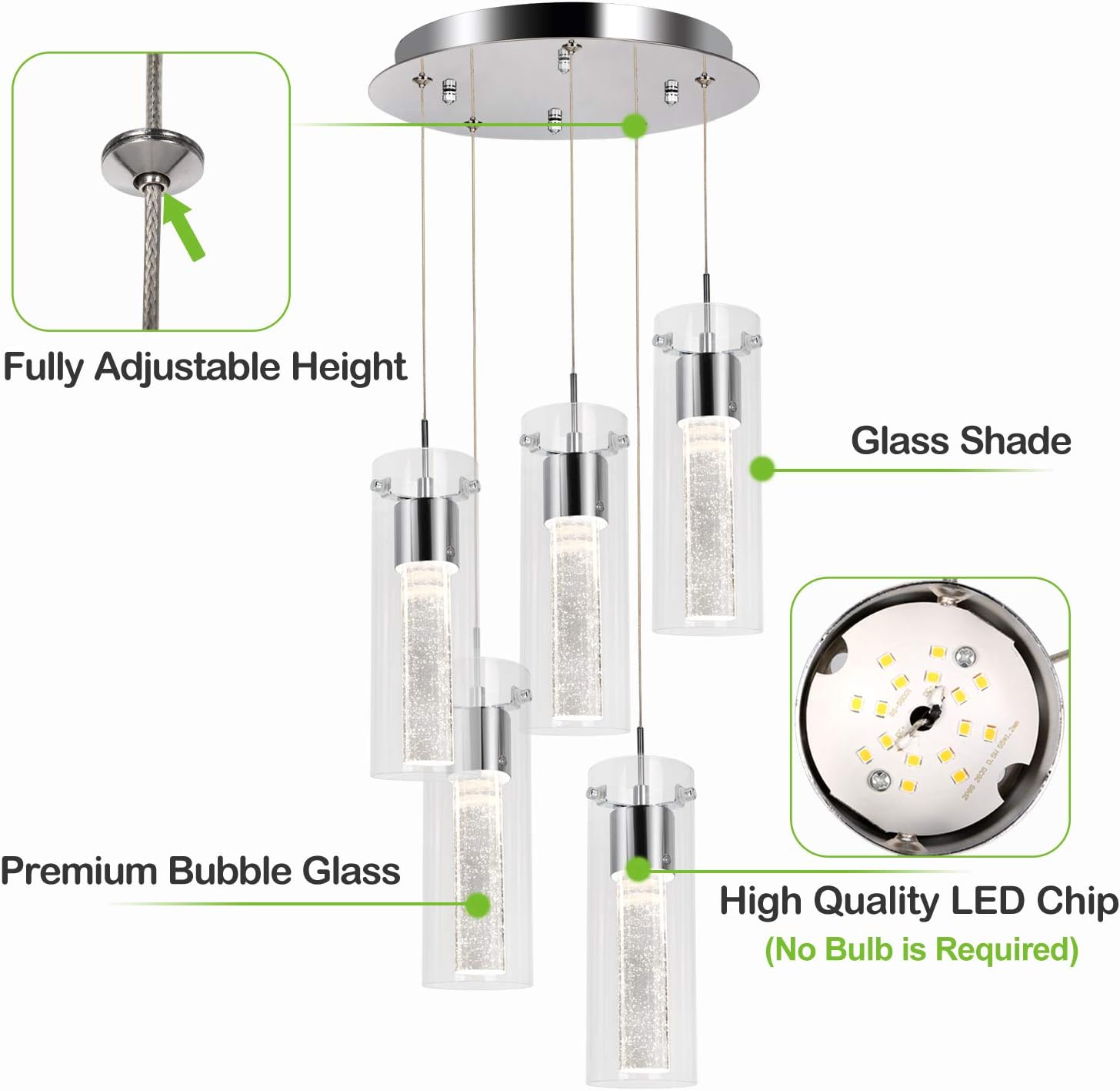 5-Light Pendant Ceiling Fixture, Integrated LED Kitchen Lighting, 30W (180 Watt Equivalent) CRI 90+, 2250lm Premium Bubble Glass with Chromed Finished ETL Listed - - 