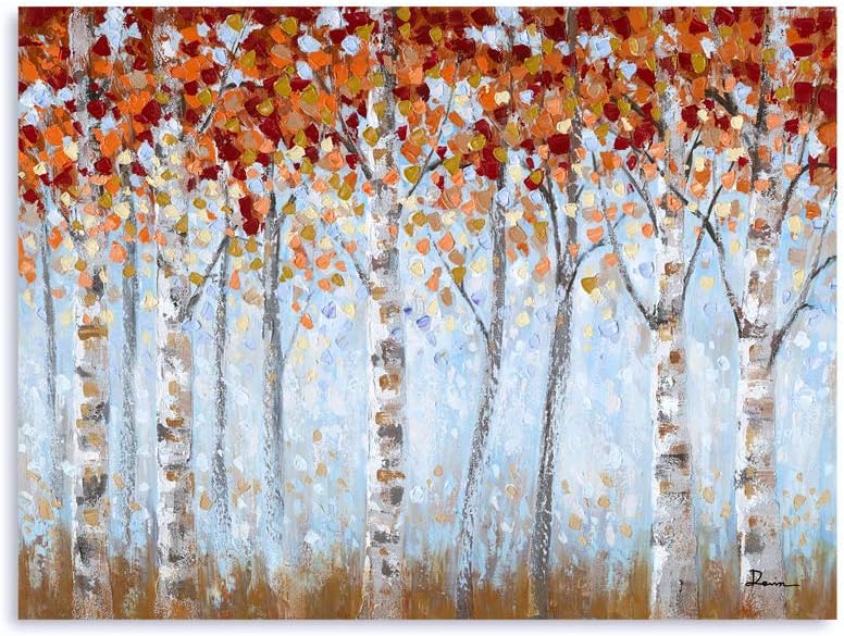 B BLINGBLING Red Birch Trees Forest Landscape Painting Framed for Wall Decor: White Aspen Tree with Abstract Burgundy Orange Leaves Canvas Art Fall Picture for Living Room Bedroom Decorations 32