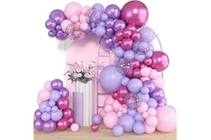 Amandir 153pcs Pink Purple Balloon Garland Arch Kit, Different Sizes 18 12 10 5 inch Pink Purple Red Latex Metallic Confetti Purple Balloons for Girl Women Birthday Bridal Baby Shower Party Decoration