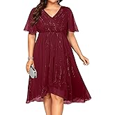 Talisea Plus Size Cocktail Dress - Formal Wedding Guest Fall Long Sleeve A Line Pleated V Neck Midi Dresses for Curvy Women