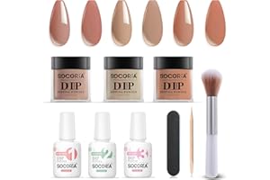 SOCORIA 9 Pcs Dip Powder Nail Kit, Nude Brown Caramel Colors and Dipping Powder Liquid Set with Base Top Coat and Activator for French Nail Art Manicure DIY Salon