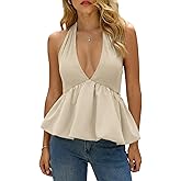 Tankaneo Womens Deep V Neck Halter Tank Tops Summer Trendy Casual Bubble Hem Tie Back Sleeveless Shirts