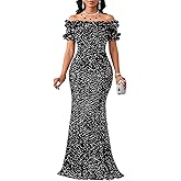 dasmzper Women Sexy Sequin Off Shoulder Ruffle Short Sleeve Bodycon Mermaid Party Formal Evening Maxi Dress