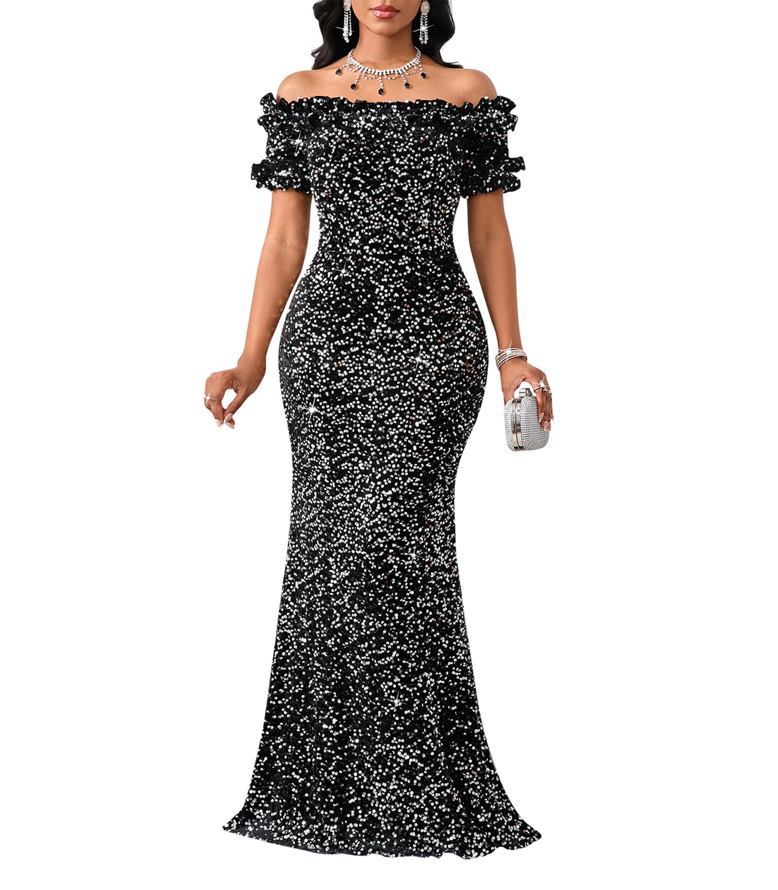 Photo 1 of dasmzper Women Sexy Sequin Off Shoulder Ruffle Short Sleeve Bodycon Mermaid Party Formal Evening Maxi Dress Black Silver (Size Unknown)