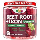 Beet Root Gummies 100mg – Red Beet Chewables with Grape Seed, CoQ10, Vitamin C, Iron & B12 – Supports Energy Metabolism & Healthy Circulation – Sugar Free Supplement for Women & Men, 120 Count