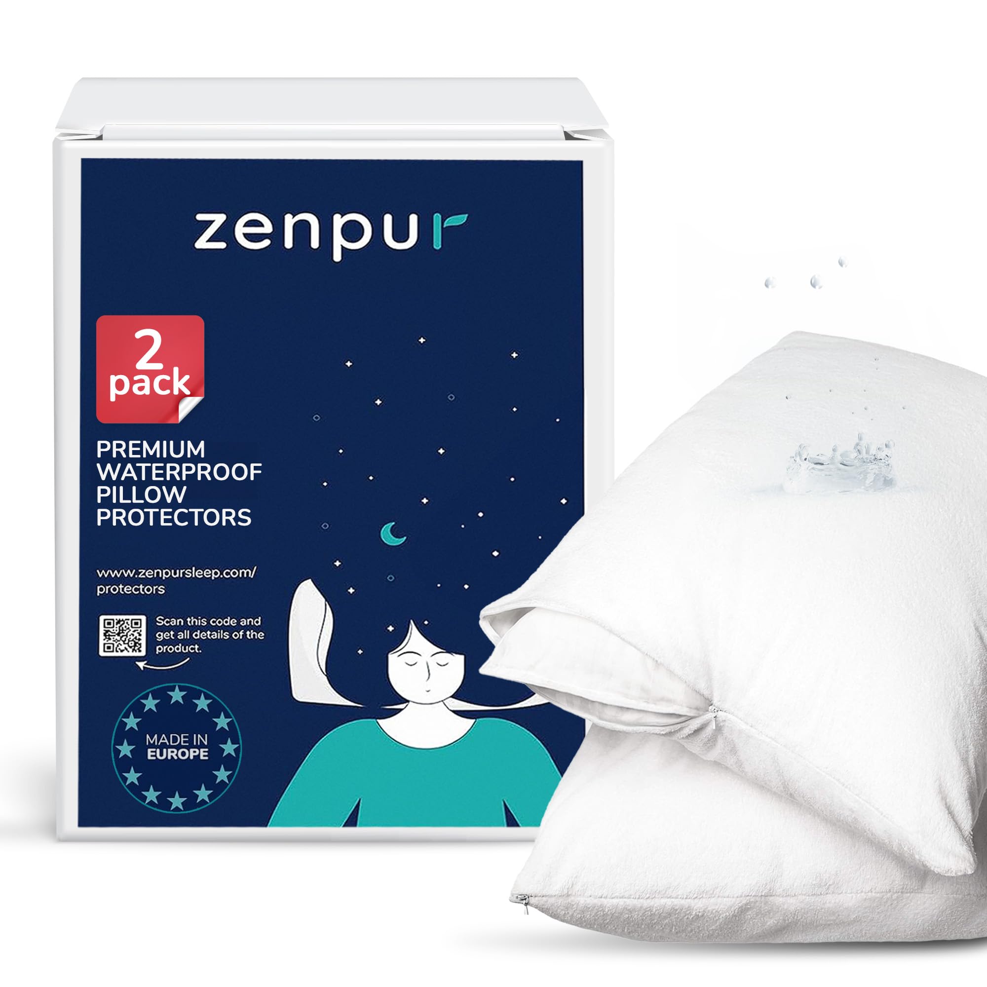 ZenPur Pillow Protectors Waterproof (2 Pack) - Zippered Pillow Cases 65x65cm - Breathable, Hypoallergenic, Anti-mite, Antibacterial - BI-OME treated Pillowcase - Made in EU
