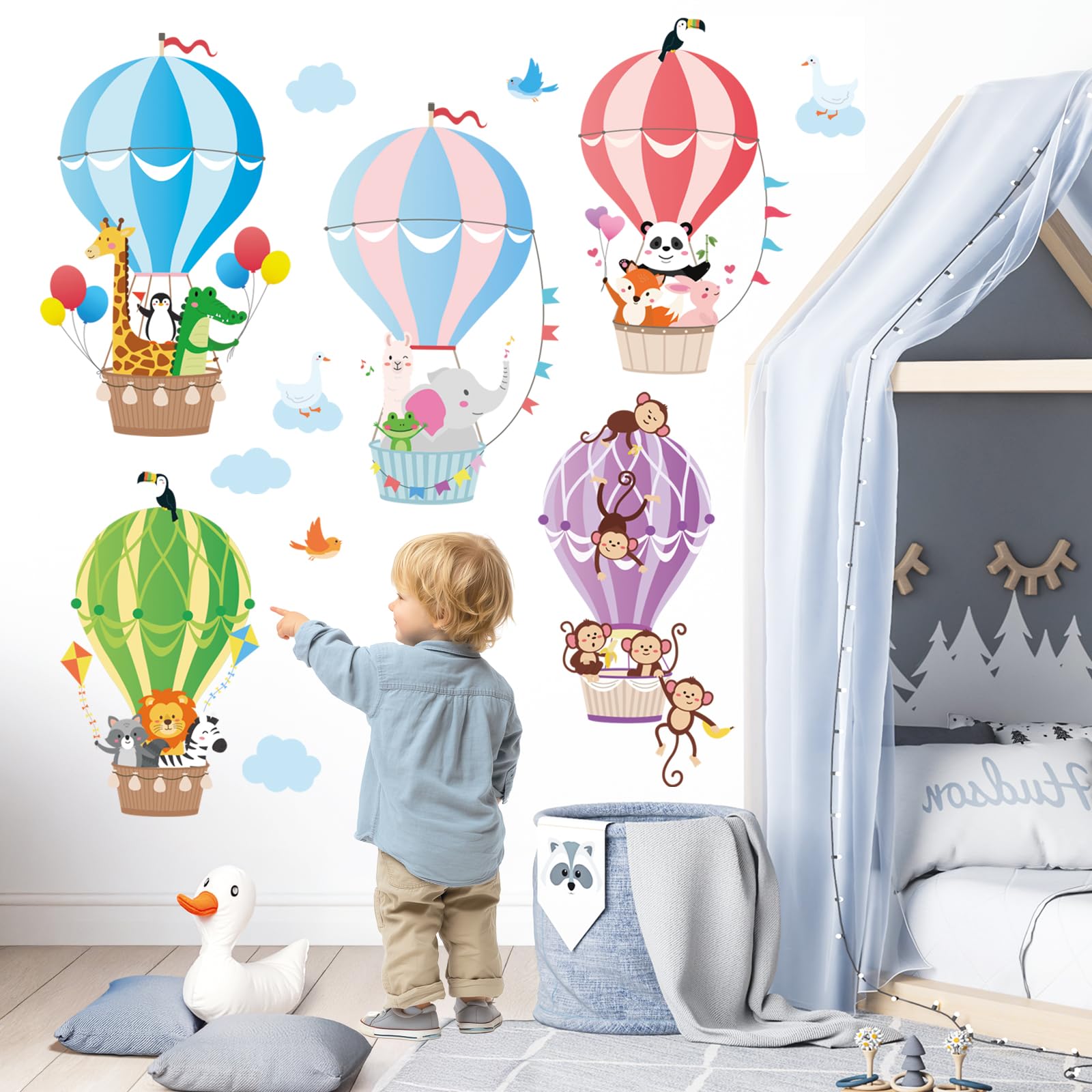 BASHOM BS-104 Animals in Hot Air Balloons Kids Wall Stickers Elephant Giraffe Monkey Decals Removable for Baby Nursery Bedroom Living Room Playroom