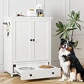 Dog Feeding Station with Storage, Metal Dog Food Storage Cabinet with 2 Elevated Bowls and 3 Hooks, Pet Feeding Station and D