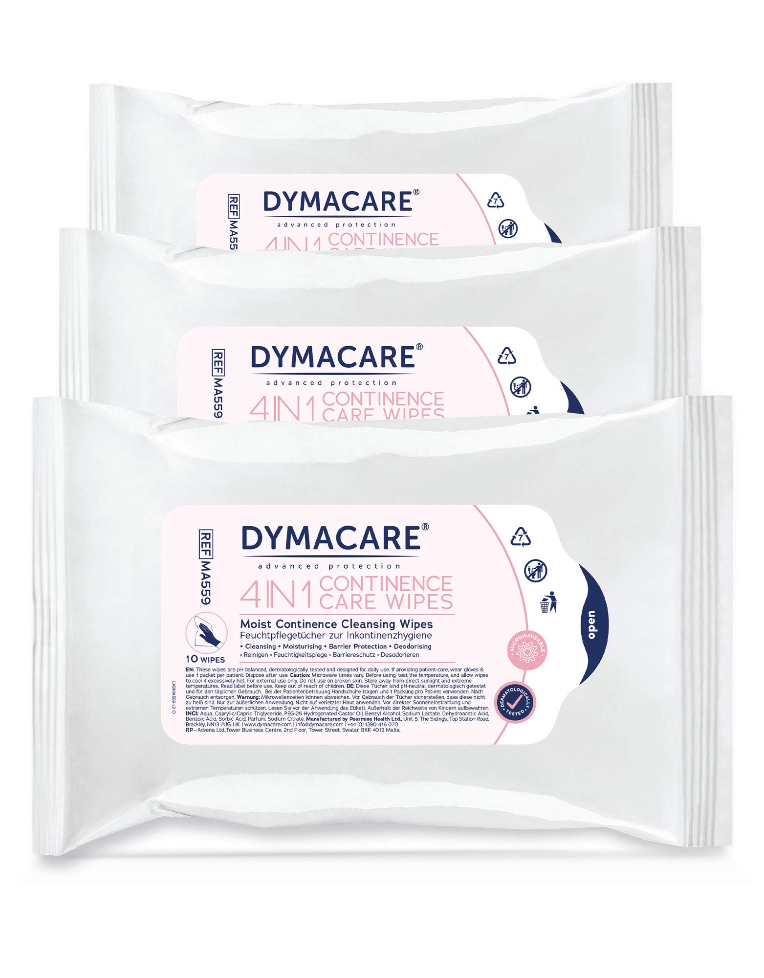 DYMACARE 4 in 1 Continence Care Wipes 10’s | Adult Scented Premium Incontinence Cloths | Skin Cleansing Wipes with Barrier Protection | 3 Packs of 10 Wipes (30 Wipes