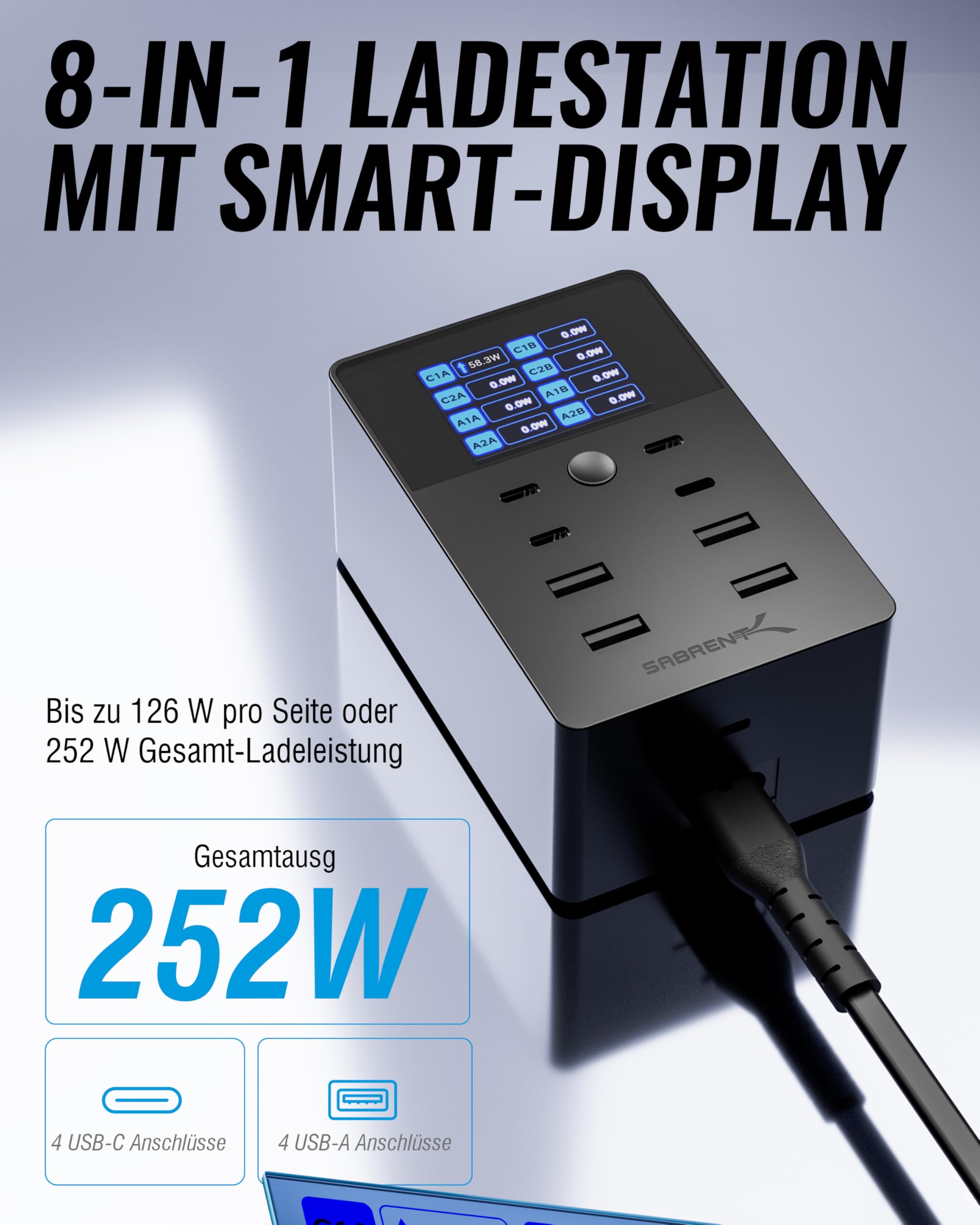 SABRENT USB Ladestation 252W 8-Port PD 3.0 mit LCD Display - GaN Charger Ladegerät - Schnelle Charging Station für USB-C & USB-A Geräte, Laptops, Smartphones - PPS, Überladungsschutz (AX-8PTC) 2