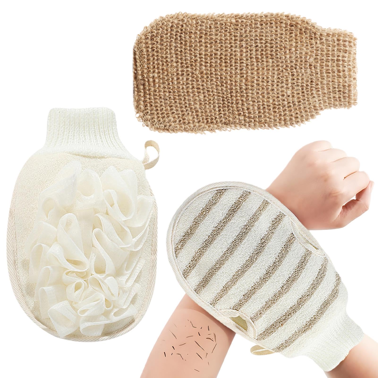 2Pcs Exfoliating Mitt Body Scrubber,Double-Sided Exfoliating Glove,Shower Puff Loofah Sponge,Dual Action Gentle Body Scrub Exfoliator & Bath Sponge for Skin Cleaning(COLOUR:Brown)