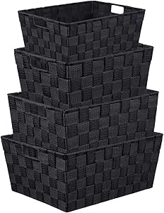 LEAVINSKY Woven Storage Box, Woven Strap Storage Basket Bin Container, Stackable Storage Basket, Woven Strap Shelf Organizer, Nylon Storage Basket for Closet, Office, 4 Pack, Black