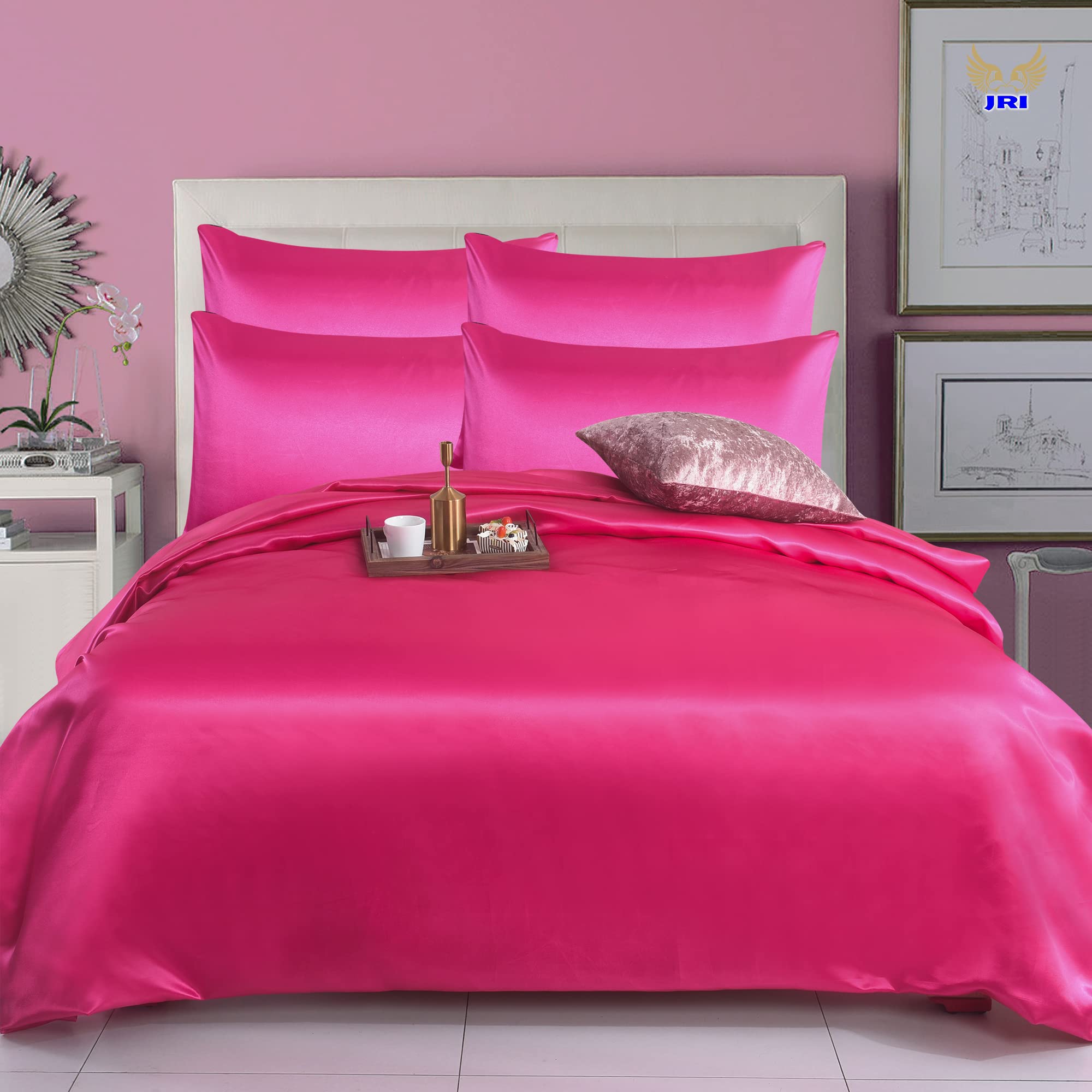 6PCS Satin Duvet Cover Bedding Set Plain Luxury Soft Bed Set Include (1xDuvet Cover, 1xFitted Sheet, 4xHousewife Pillow Case) (King, Fuschsia)-(Same Day Dispatch) — image 1