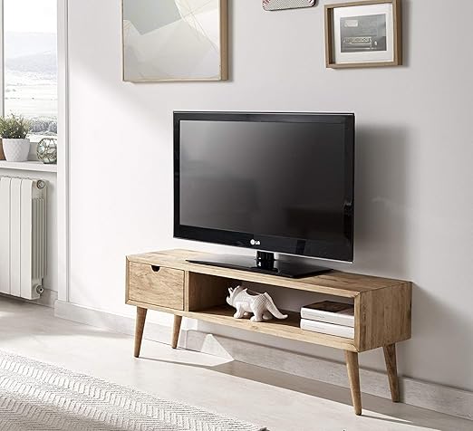 Hogar24 TV-Tisch im Vintage-Design, Wohnzimmermöbel mit Ablage und Schublade, natürliches Massivholz, handgefertigt. Abmessun