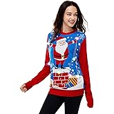 LED Ugly Christmas Sweater for Women, Unisex Men Xmas Pullover with Light for Party Festive Santa Holding The Led Lights X-Large