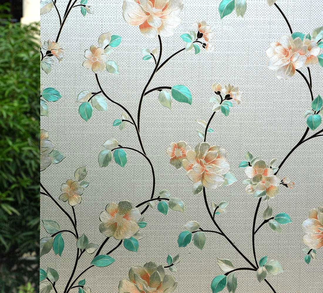 VSUDO Privacy Window Film, Jasmine Flower Pattern Window Tint for Home, Static Cling Window Glass Sticker (90x300 cm)