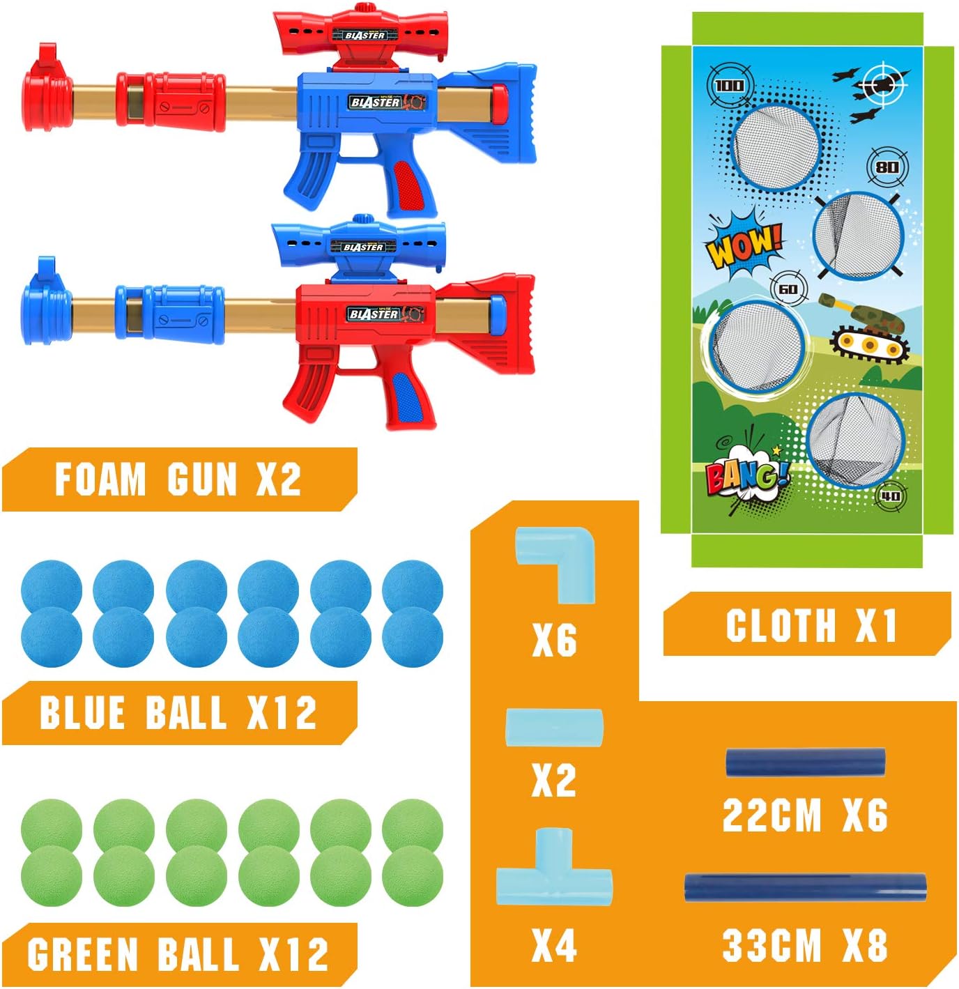 Shooting Game Toy for 5 6 7 8 9 10+ Years Olds Boys and Girls,2pk Foam Ball Popper Air Toy Guns with Standing Shooting Target, 24 Foam Balls, Indoor Activity Game for Kids, Compatible with Nerf Toys: Toys & Games