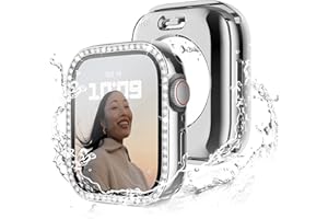 RECOPPA [2 in 1] Waterproof Bling Case Compatible for Apple Watch 45mm Series 8/7 with Tempered Glass Screen Protector, Women Glitter Diamond Rhinestone Bumper 360 Protective Hard PC Cover for iWatch, Silver