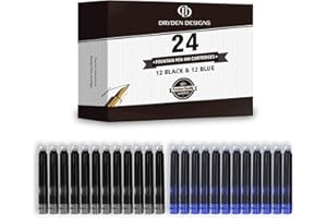 Dryden Designs Ink Cartridges for Fountain Pen | Set of 24 (12 Black & 12 Blue) - Short International Standard Size - Disposable and Generic Ink Refill Cartridges - Perfect for Calligraphy