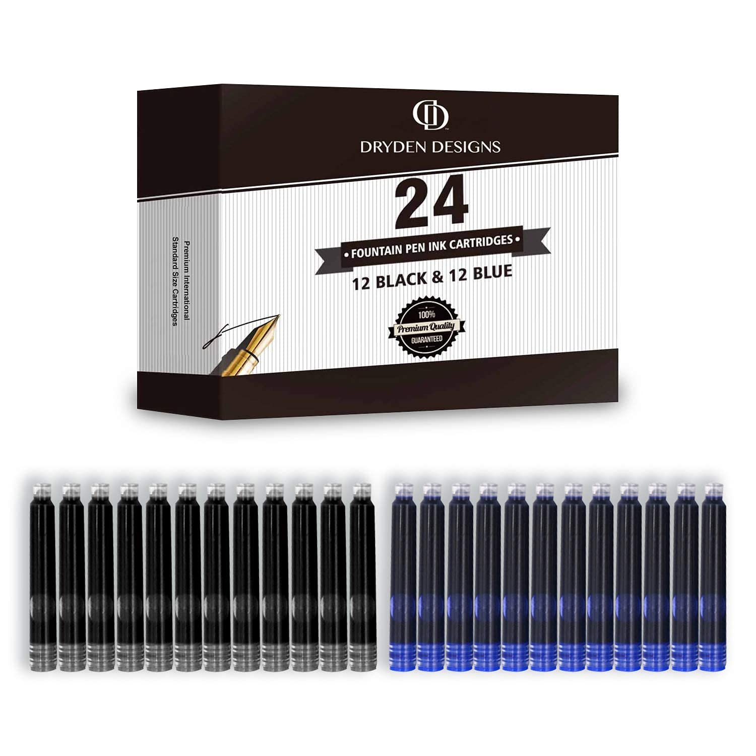 Dryden Designs Fountain Pen Ink Cartridges - SET OF 24: 12 BLACK & 12 BLUE - Short International Standard Size - Disposable and Generic Ink Refill Cartridges - Perfect for Calligraphy