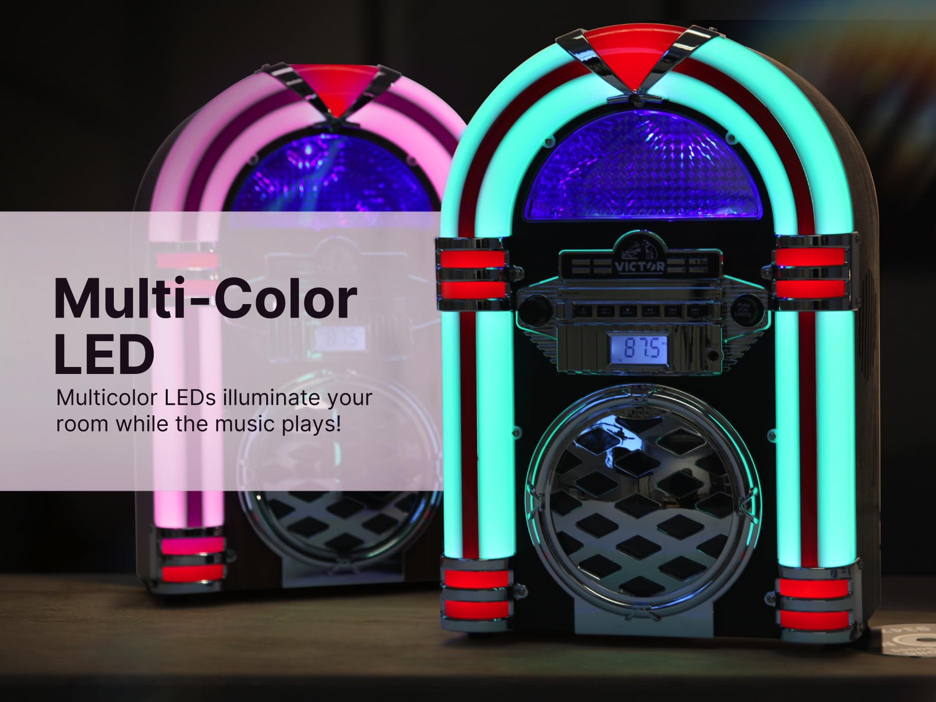 VICTOR VDTJ-1550 Broadway Desktop Bluetooth CD Jukebox Speaker with FM Radio, Multicolor LED Lighting, and Aux Input – Perfect for Retro-Style Music Streaming and Ambient Lighting