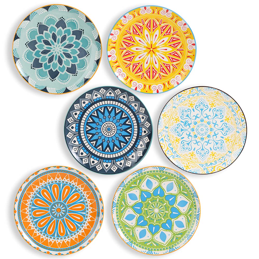 Dinner Plates Set of 6, 8 Inch Scratch Resistant Ceramic Plates, Dishwasher and Microwave Safe, Pasta Plate, Salad Plate, for Main Course, Multicolor