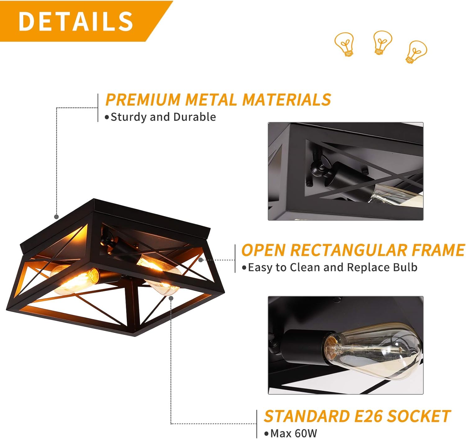 Industrial Farmhouse Ceiling Light Fixture Square Hallway Flush Mount Ceiling Lights for Kitchen Laundry Room 2-Lights, Black - - 