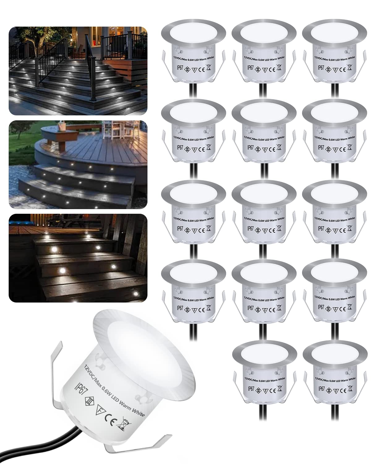 HIBOITEC 16PCS Decking Lights, IP67 Waterproof Cool White Deck Lighting, 0.6W 12V Low Voltage Kitchen Plinth Lights for Yard, Garden Steps, Driveway, Patio, Stair