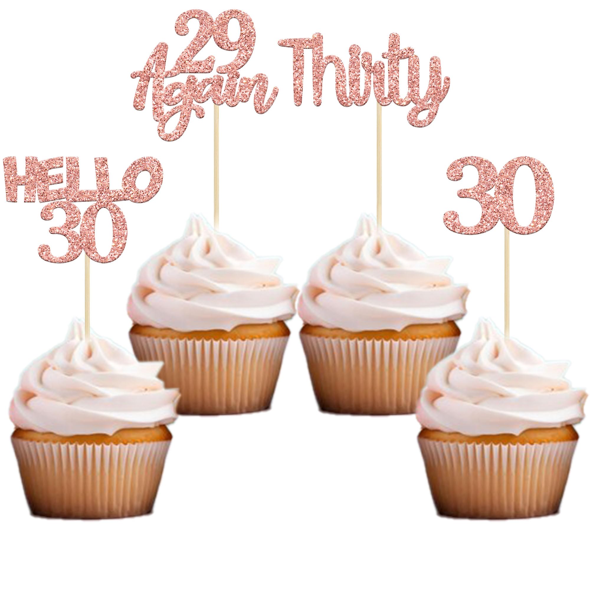 Gyufise 24Pcs Rose Gold Glitter 30th Birthday Cupcake Toppers Hello 30 Cake Decorations Again 29 Thirty Cupcake Picks for 30th Birthday Cake Decorations Supplies