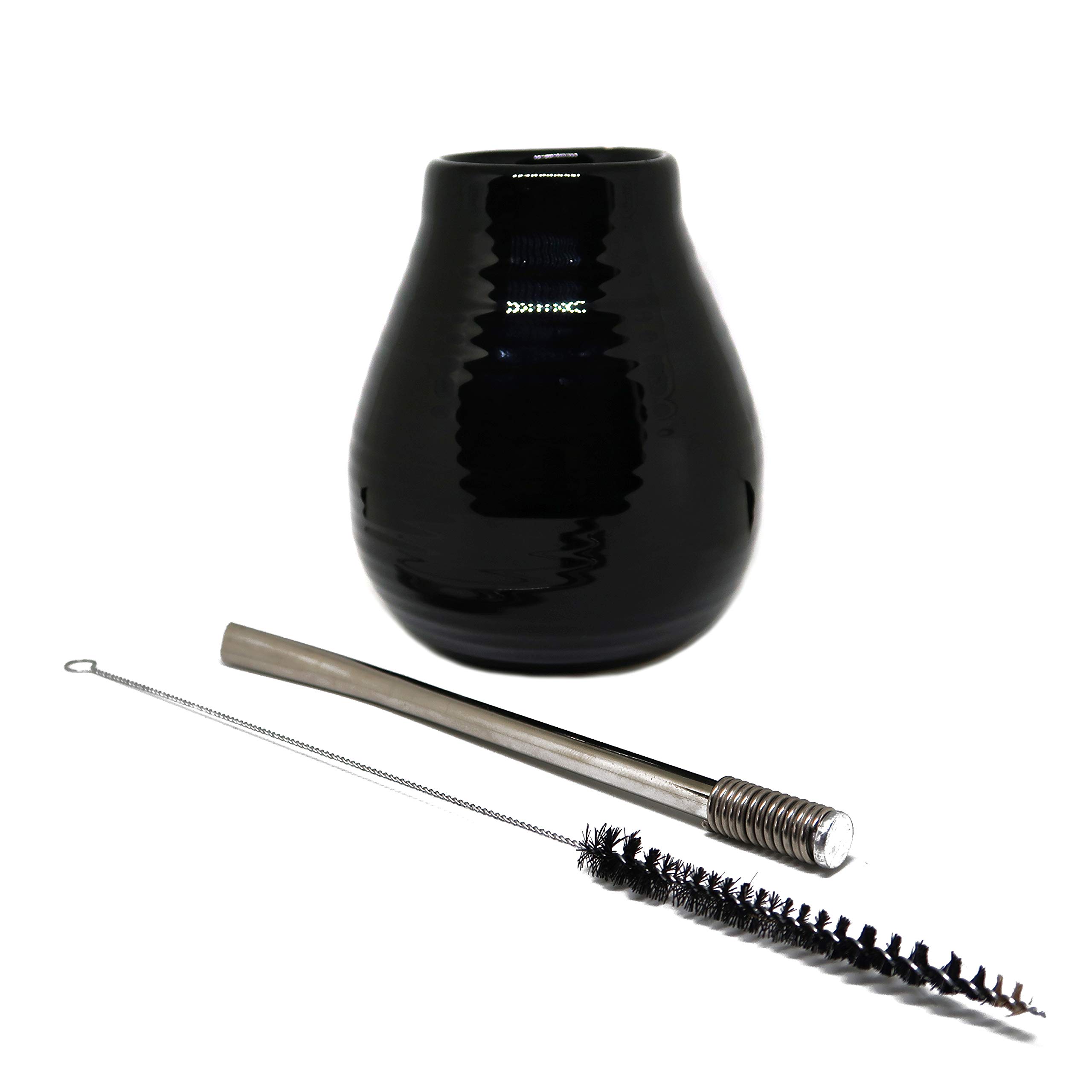 BestWayDigital Mate Black Ceramic Gourd Cup 350ml and Bombilla Set - (Yerba Mate Cup) Includes Bombilla Mate (Straw) and a Cleaning Brush