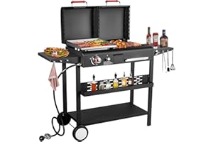 BESTFIRE Propane Gas Griddle Charcoal Grill Combo Flat Top Griddle W/Dual Lids & 2 Side Shelves Dual Fuel BBQ Grill for Outdoor Barbecue
