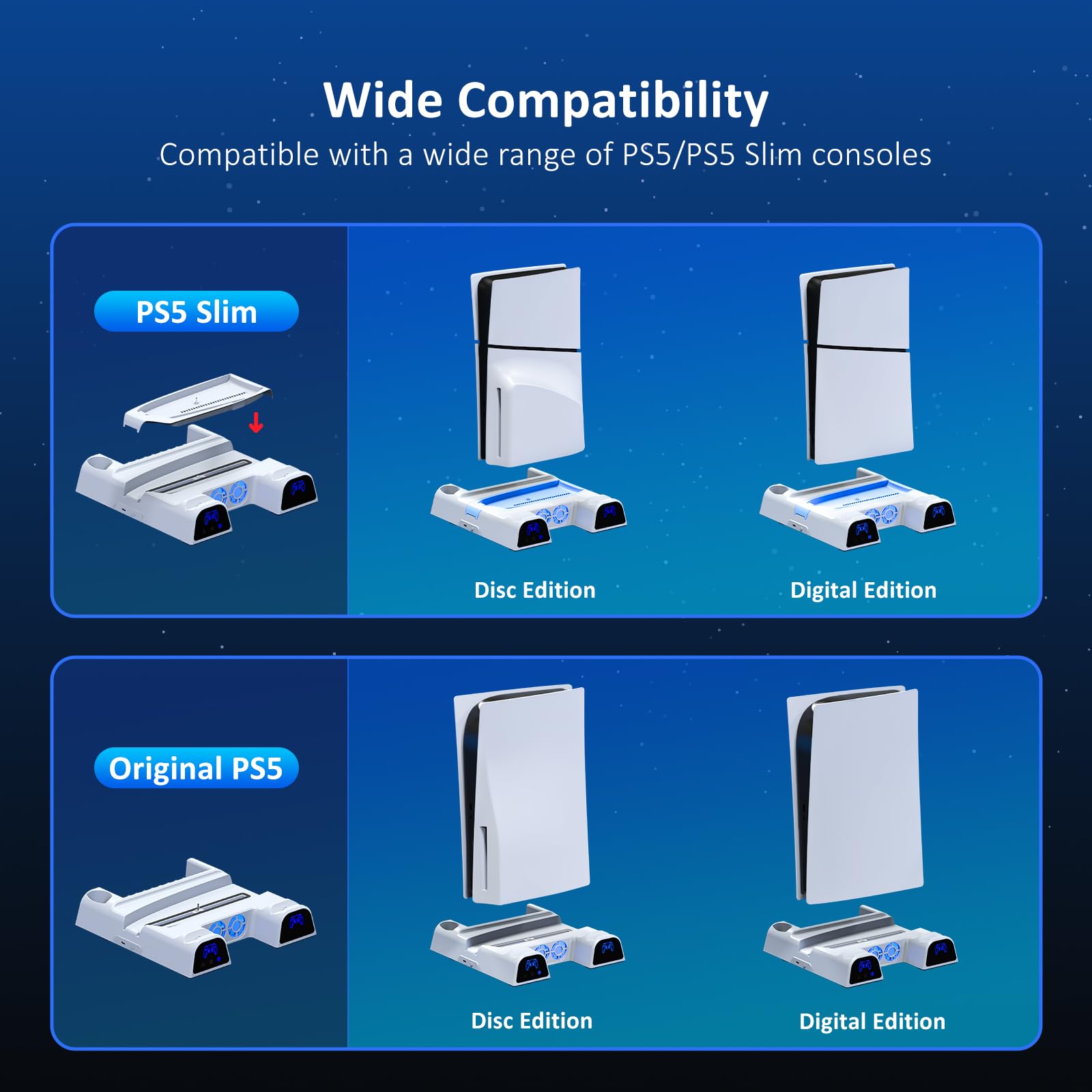NexiGo PS5 / PS5 Slim Stand, Silent Cooling, Dual Controllers Charger for Playstation 5 Console, 3 Level Adjustable Fan Speed, PS5 / PS5 Slim Accessories, Headset and Remote Holder, White