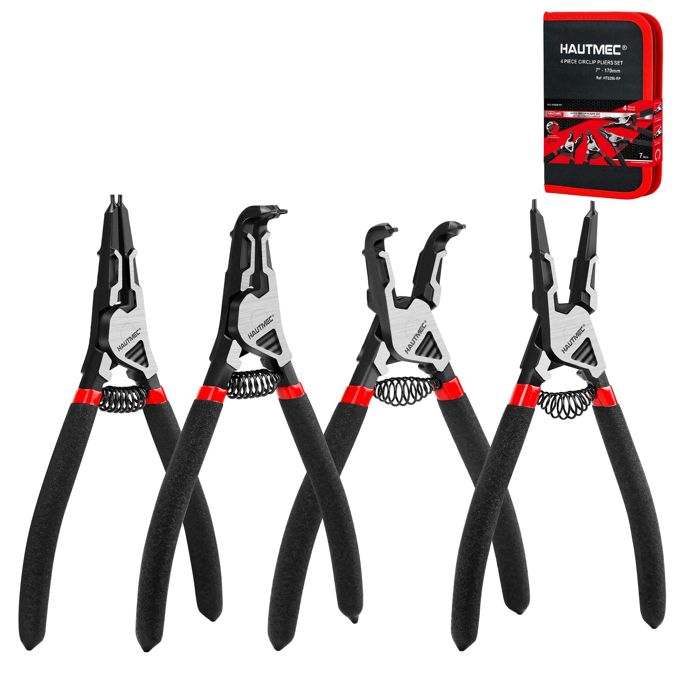 HAUTMEC 4PCS High Leverage Snap Ring Pliers Set, 7 inches Internal/External Circlip Pliers, Heavy Duty Snap Ring Pliers, C Clip Pliers with Spring Loaded HT0280-UK