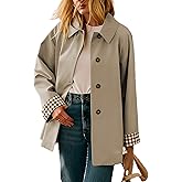 Dqbeng Womens Trench Coat Oversized Button Up Jacket Plaid Lined Classic Outerwear with Pockets