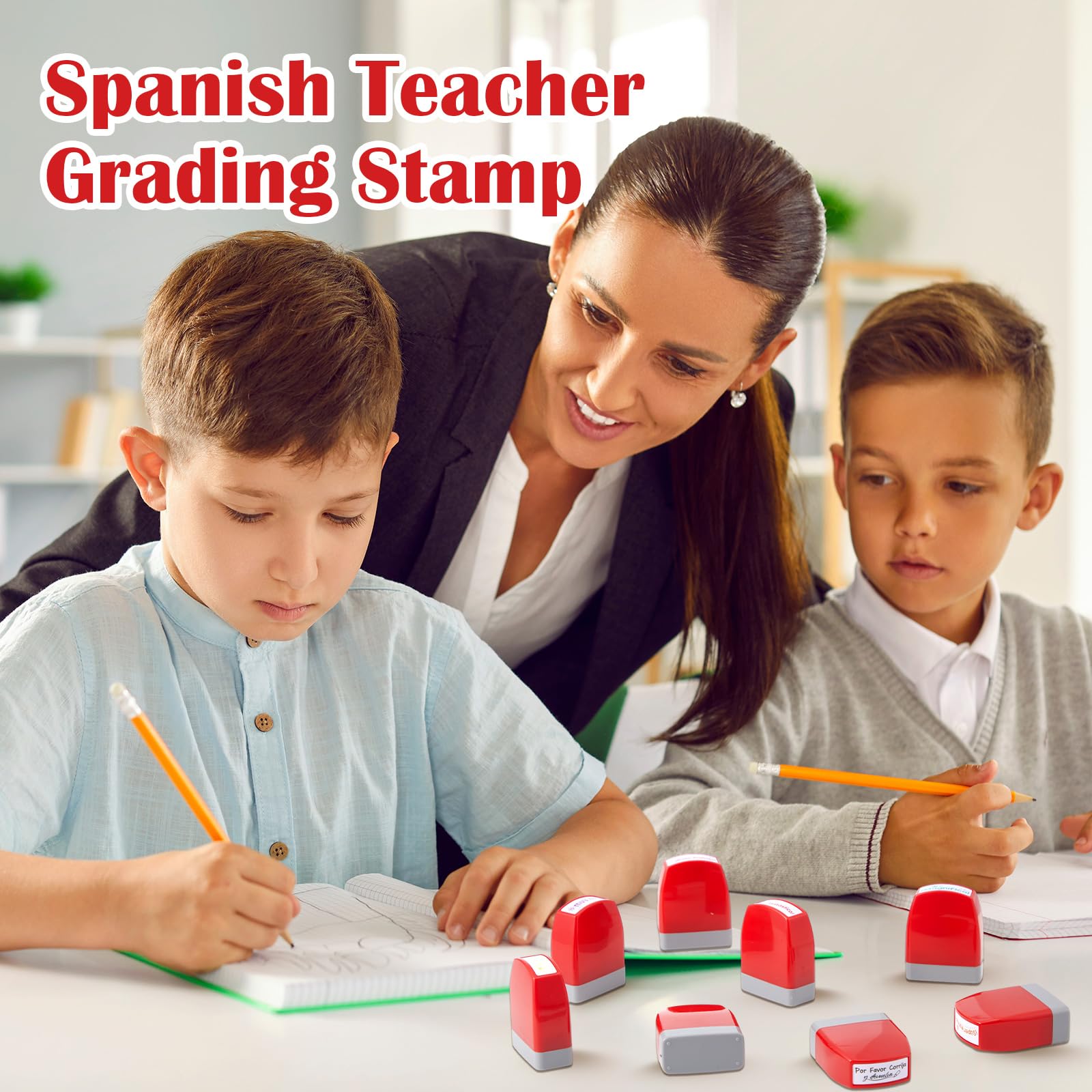 Qilery 8 Pcs Teacher Stamp Spanish Grading Gifts Rubber Self Inking Motivation for School Spanish Classroom Grading Stamp Kids School Prizes(Red,Stylish)