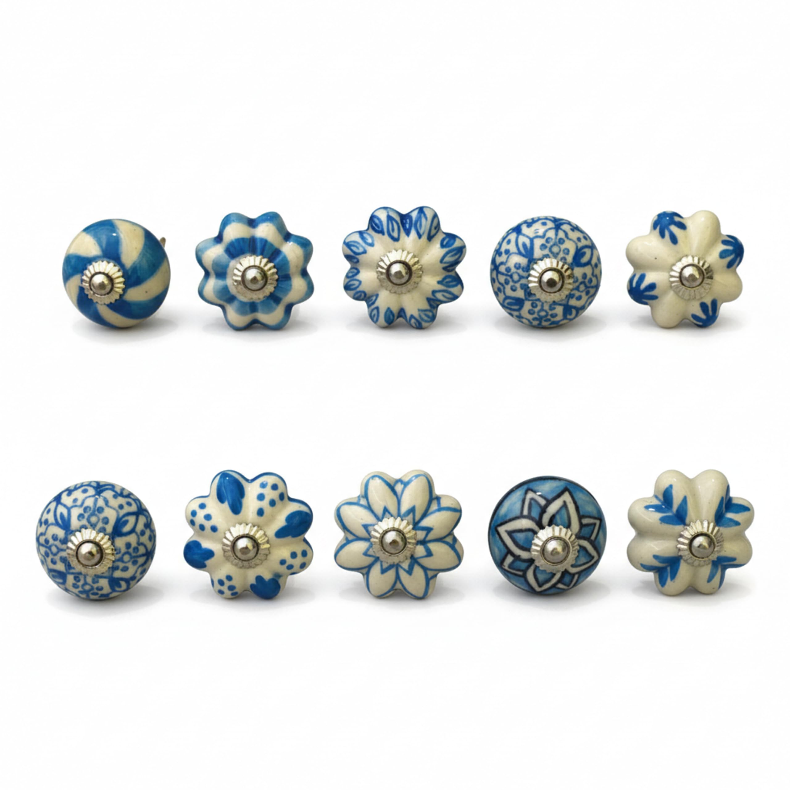 ARTISNO Ceramic Knobs for Cabinets - Set of 10 Decorative White and Blue Round Ceramic Knobs for Home Kitchen Cabinet Drawer | Elegant Handmade Wardrobe and Dresser Pulls — image 1